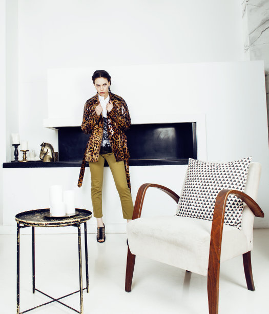 漂亮时尚的女人在时尚连衣裙与豹纹豪华丰富的房间内部，生活方式的人的概念，现代的褐发接近图片下载