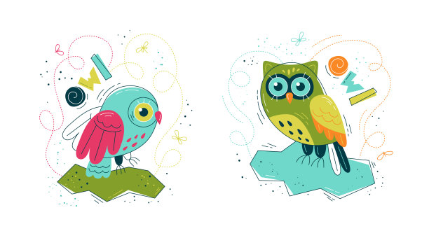可爱的猫头鹰在平坦的风格-套版画。图片下载