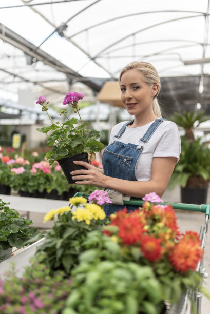 一个女人在苗圃商店买了一些园艺植物，并把它们放进购物车图片下载