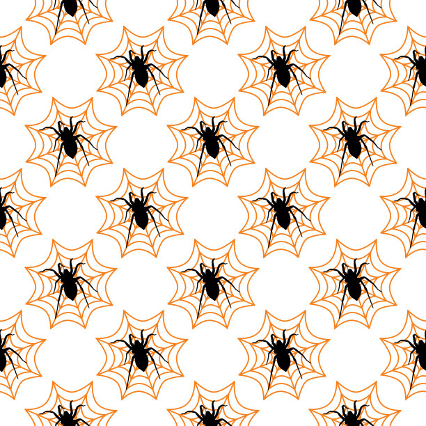 黑色蜘蛛在橙色蜘蛛网无缝模式图片下载