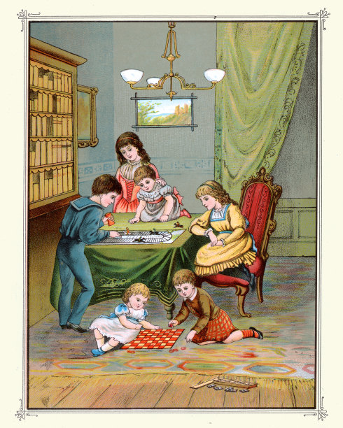孩子们，男孩和女孩玩棋盘游戏，维多利亚复古插图图片下载