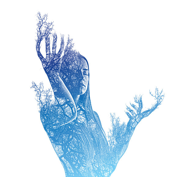 多次曝光一个美丽的年轻女子沉思和变形成树图片下载