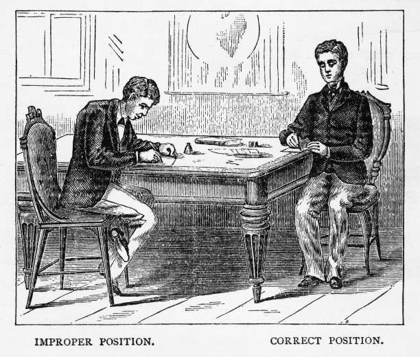 坐在桌子前的正确姿势维多利亚版画，1879年图片下载