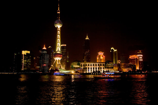 夜景上海浦东部分，中国，非常现代的天际线，东方明珠电视塔，从外滩，长江。外滩的陆家嘴。图片下载