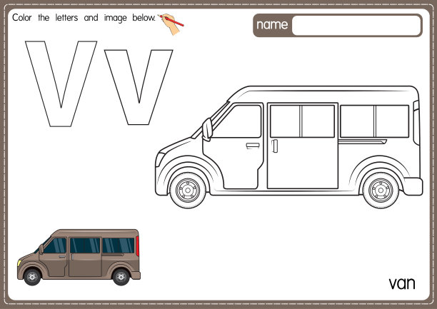 矢量插图的儿童字母着色书页与概述剪贴画，以颜色。字母V代表Van。图片下载