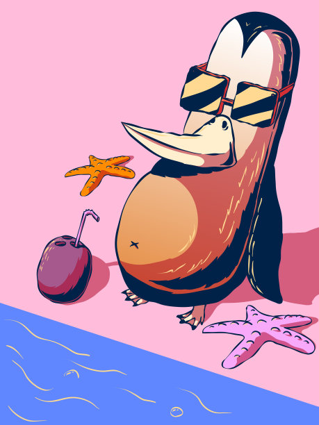 有趣的卡通插图-企鹅日光浴在海滩上。图片下载