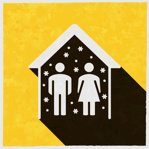 隔离——病人呆在家里。图标与长阴影的纹理黄色背景图片下载