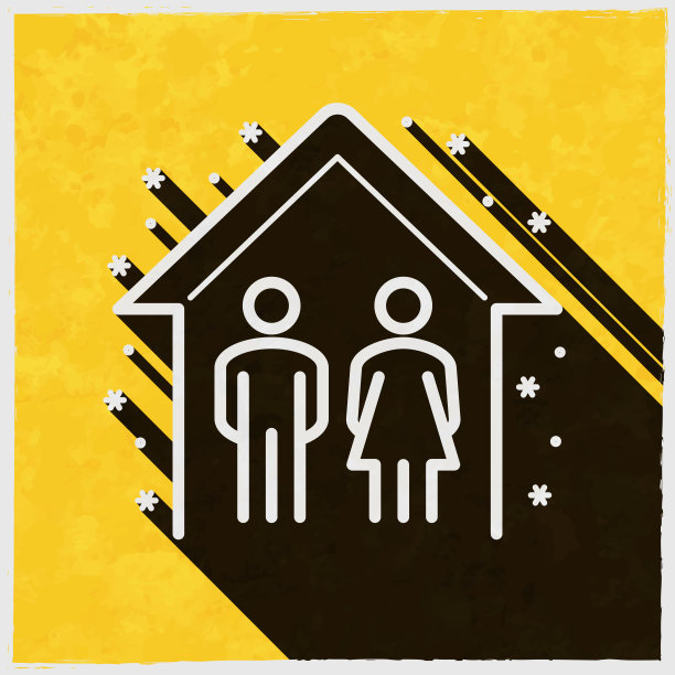 待在家里，保证安全。图标与长阴影的纹理黄色背景图片下载