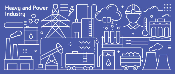 矢量重型和电力工业旗帜设计在时尚的线性风格。线条艺术风格抽象图案网页，横幅，展示图片下载