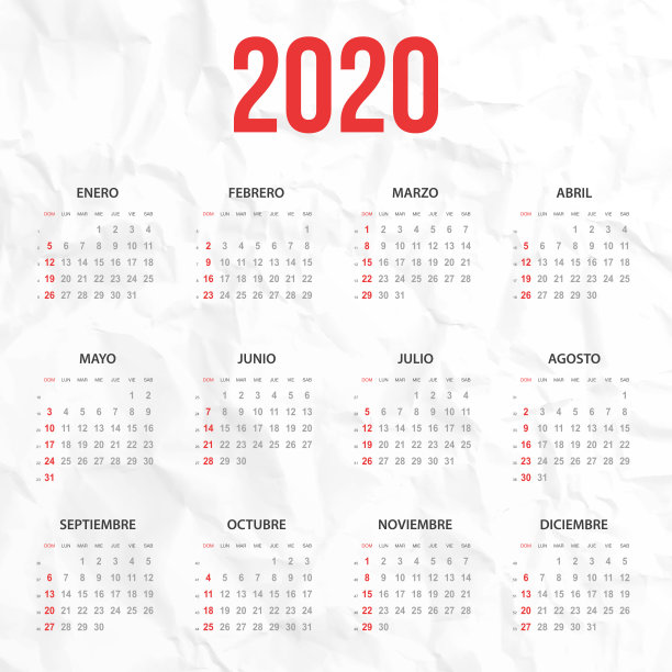 西班牙2020年日历在白色皱巴巴的背景上图片下载