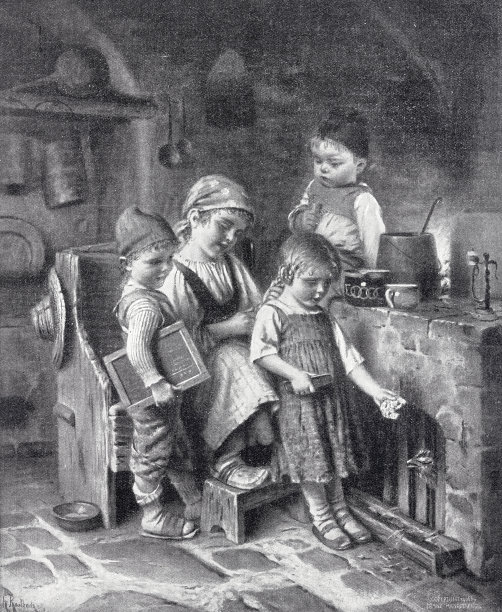 孩子们站在厨房的火炉旁，为这一天洗漱图片下载