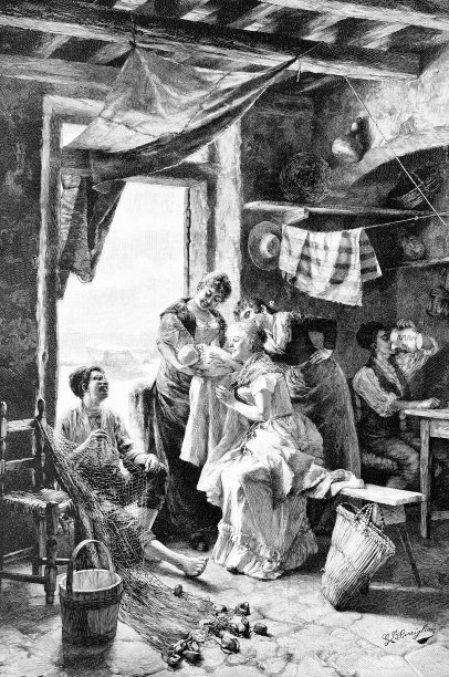 妇女们站在厨房里，看着孩子很高兴图片下载