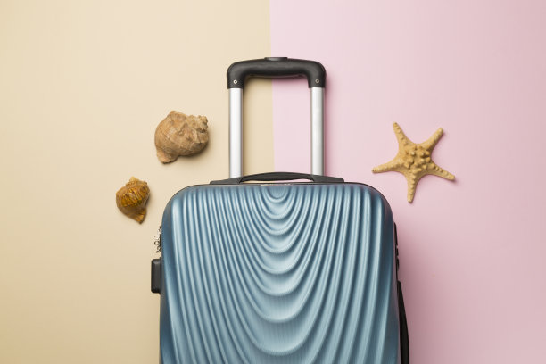 蓝色行李箱，彩色背景，俯视图图片下载