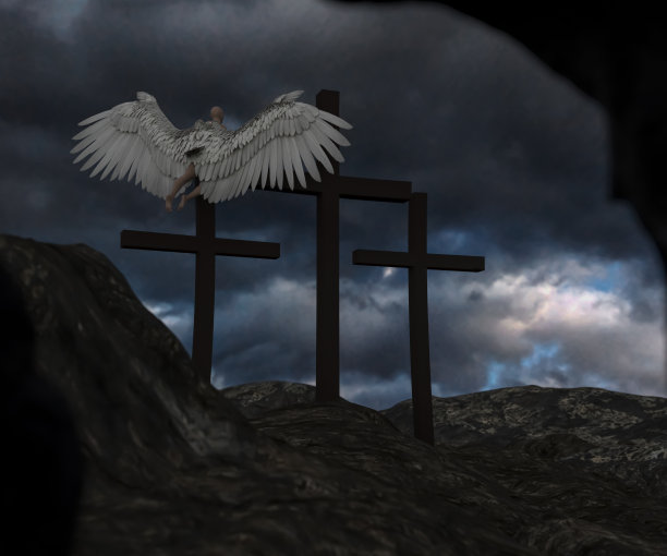 复活概念中基督十字架的剪影。一个天使正飞向十字架。图片下载