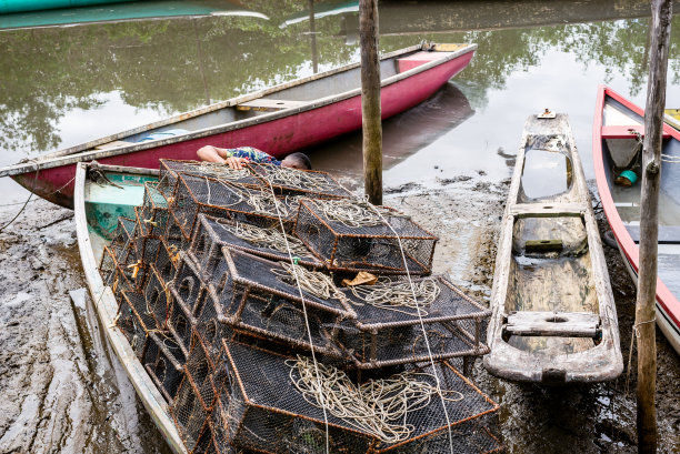 捕鱼独木舟搁浅在河沙上。图片下载