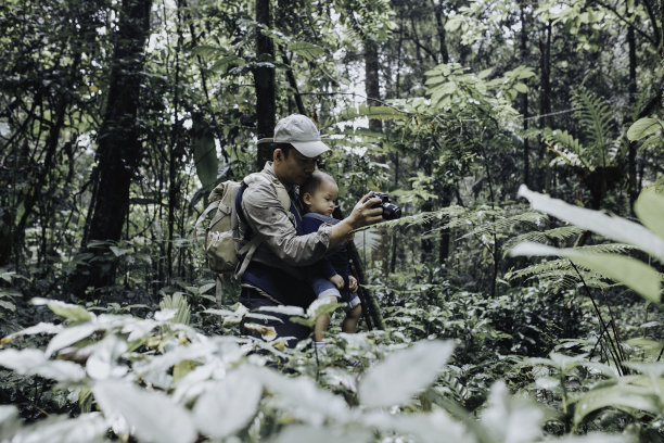 亚洲父母走在森林里与婴儿在春天的一天图片下载