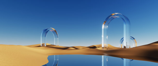 3 d渲染。抽象的极简主义美学背景。全景沙漠景观，沙丘，清澈的蓝天，水镜面反射和几何玻璃拱门。梦幻般的超现实墙纸图片下载