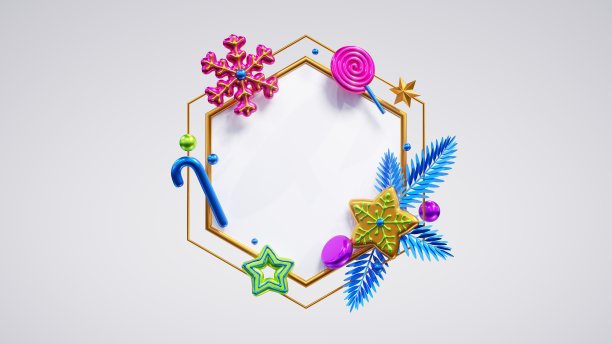 3d渲染，最小的圣诞六角形框架孤立在白色背景上，装饰有光泽的金属饰品，星星，雪花，拐杖糖。空白贺卡模型图片下载