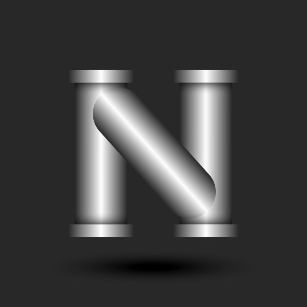 字母N符号三维线条管形结构配合金属法兰，银色渐变彩色创意排版标识，工业风格符号式设计。图片下载