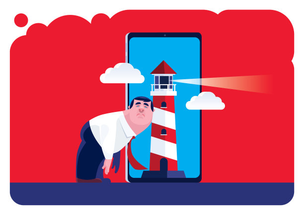 悲哀的商人靠智能手机在灯塔上图片下载