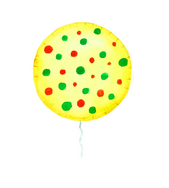 一个带有红绿点的黄色气球。用灰色的波浪线。孤立在白色背景上。图片下载