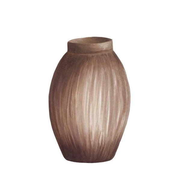 棕色椭圆形粘土花瓶孤立的白色，手绘标记插图在水彩技术图片下载