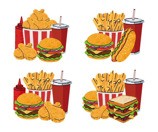 快餐，卡通图标集，简单的平面风格，街头高热量食品插图。图片下载