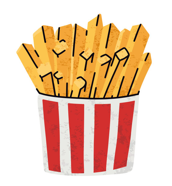 快餐，薯条卡通图标集，简单的平面风格，街头高热量食品插图。图片下载