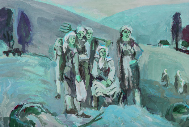 插画艺术作品油画肖像一组妇女收获的数字的背景下成熟的小麦树和天空的蓝色色调图片下载