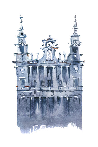西班牙马德里的Almudena大教堂。手绘水彩素描。主教堂的水彩画图片下载