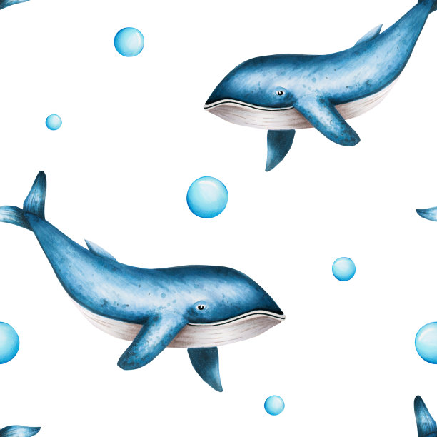 水彩无缝图案与蓝鲸隔离在白色背景。手绘现实的北极和南极海洋哺乳动物。用于设计师，装饰，明信片，包装纸，剪贴簿，封面，标志，邀请函，海报和纺织品图片下载