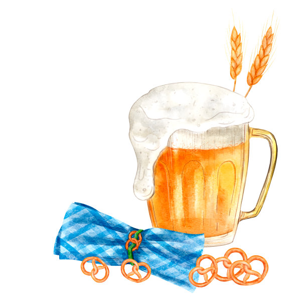 组成元素:啤酒，麦芽，brezel，蓝色餐巾，数码水彩插图。模板设计为十月，纺织品，室内，服装，壁纸，餐具，文具图片下载