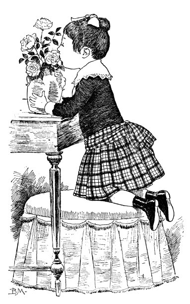 维多利亚时代的小女孩闻着花瓶里的花图片下载