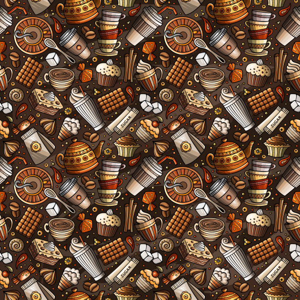 卡通可爱涂鸦咖啡店无缝图案图片下载