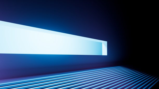 3d渲染，抽象极简几何背景。明亮凉爽的光线穿过长长的水平窗户，进入有台阶的黑暗空荡荡的房间图片下载