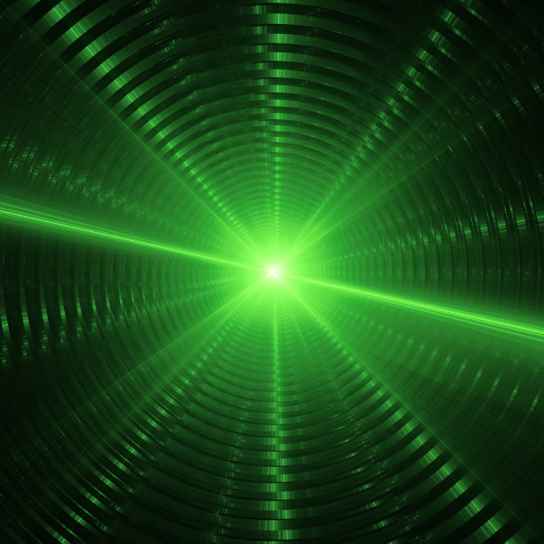 绿色的聚光灯与闪亮的反射同心环，抽象的分形艺术背景。图片下载