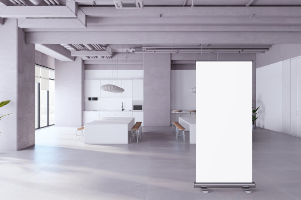 现代混凝土会议室内部有空白的白色模拟海报，窗户和城市景观，厨房，装饰植物和带椅子的白色长桌子。3 d渲染。图片下载