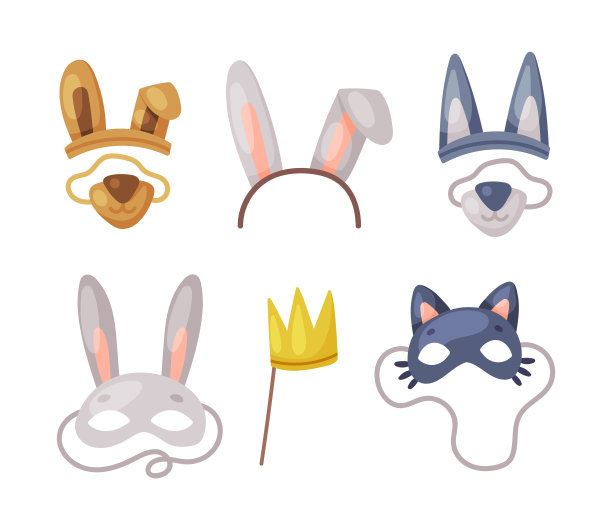 彩色派对生日照片摊位道具与皇冠，发带和动物面具矢量集图片下载