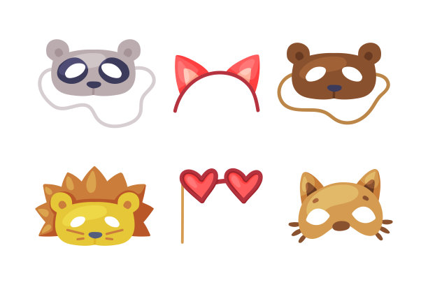 彩色派对生日照片摊位道具与发带，动物面具和眼镜矢量集图片下载