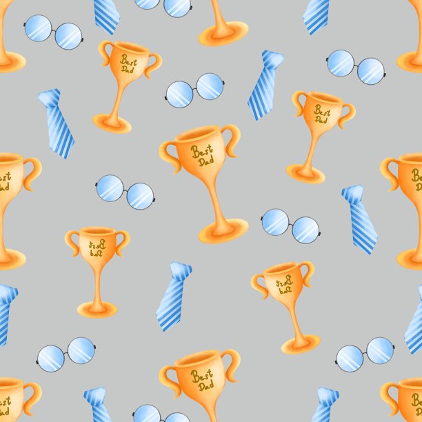 父亲节无缝图案与奖杯，领带和太阳镜。父亲节数码纸孤立在灰色背景上。图片下载
