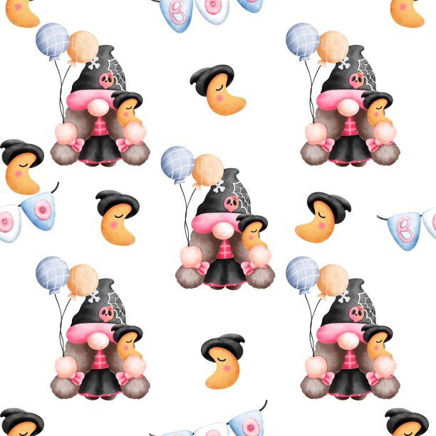 有趣的万圣节侏儒与彩色气球和月亮孤立在白色的背景。图片下载