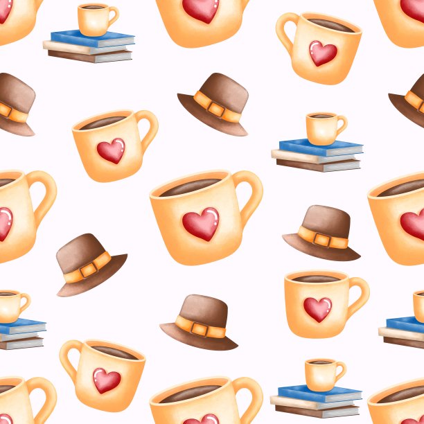 父亲节无缝图案与咖啡杯书籍和复古棕色帽子。父亲节数码纸隔离白色背景。图片下载