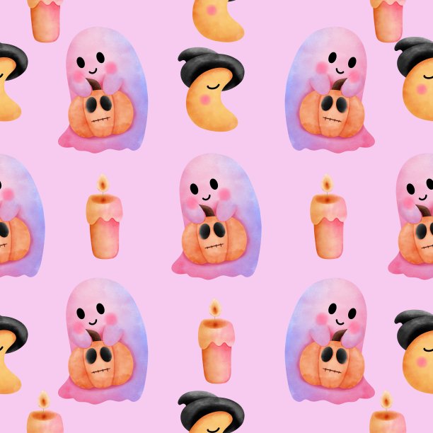 可爱的粉红色万圣节鬼魂在水彩无缝图案与南瓜，蜡烛和月亮。可爱的数字纸隔离在粉红色的背景。图片下载
