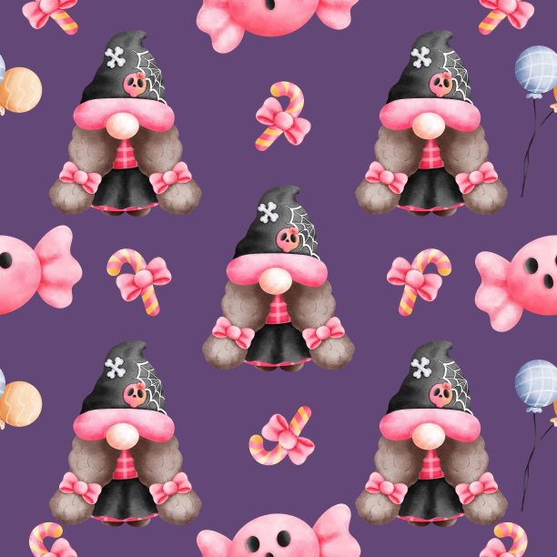 有趣的万圣节侏儒与粉红色的糖果手杖，糖果和彩色气球孤立在紫色的背景。图片下载