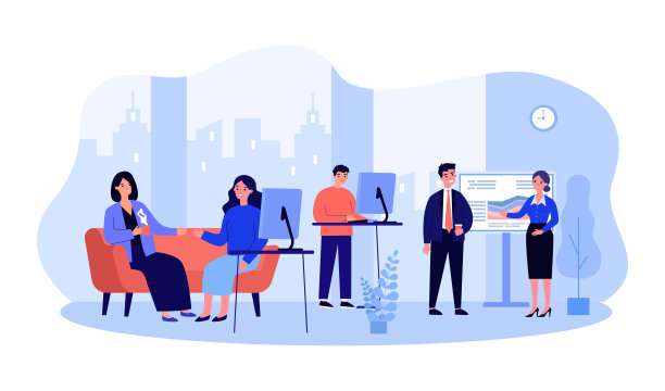 快乐的团队在办公室矢量插图工作图片下载