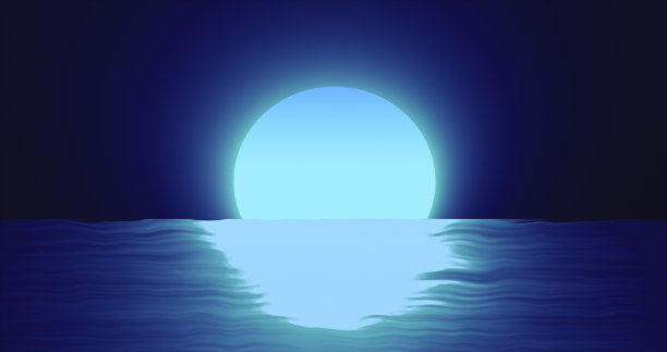 抽象的蓝色月亮在水，海和地平线与反射背景图片下载