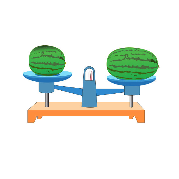 天平秤西瓜大小，西瓜大小。天平在平衡，天平的不平衡。矢量插图。在白色背景上。比例剪贴画图片下载
