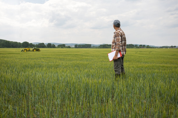 农民控制着他的田地，拖拉机用化学药剂喷洒田地。农业经营理念。图片下载