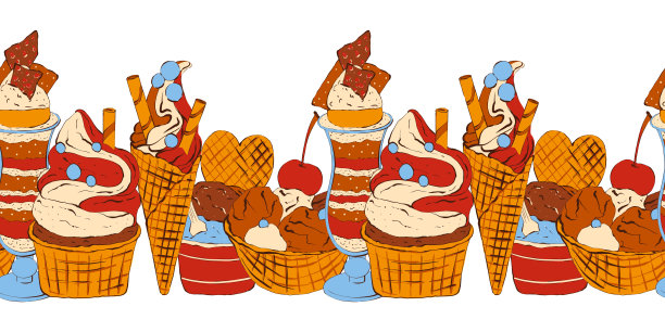 冰淇淋无缝边框。卡通风格的食物背景。图片下载