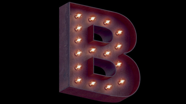 灯泡发光字母字母字符B字体。透视视图照亮大写符号在黑色背景。3d渲染图。的字母。图片下载